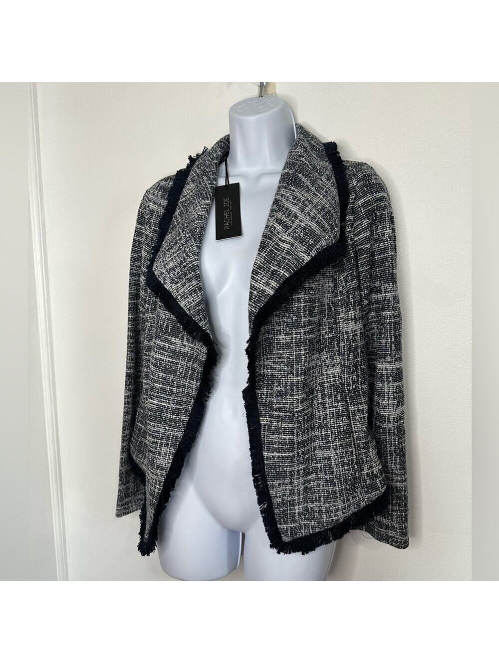 Rachel Zoe Tweed Fringe Jacket Black White Open Front Blazer Boucle Coat, XS - Picture 5 of 8